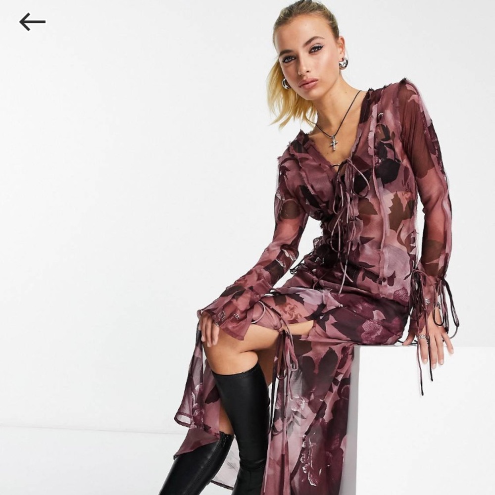 BNWOT ASOS sheer tie front blouse and ruffle skirt in dark floral print 6